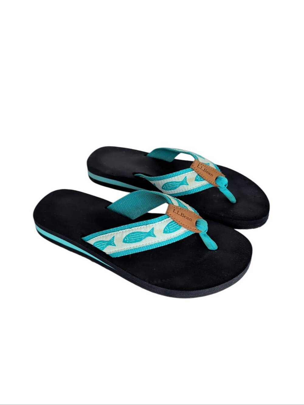 L.L. Bean Original Maine Isle Flip Flops Sandals 6M Aqua Fish Motif
